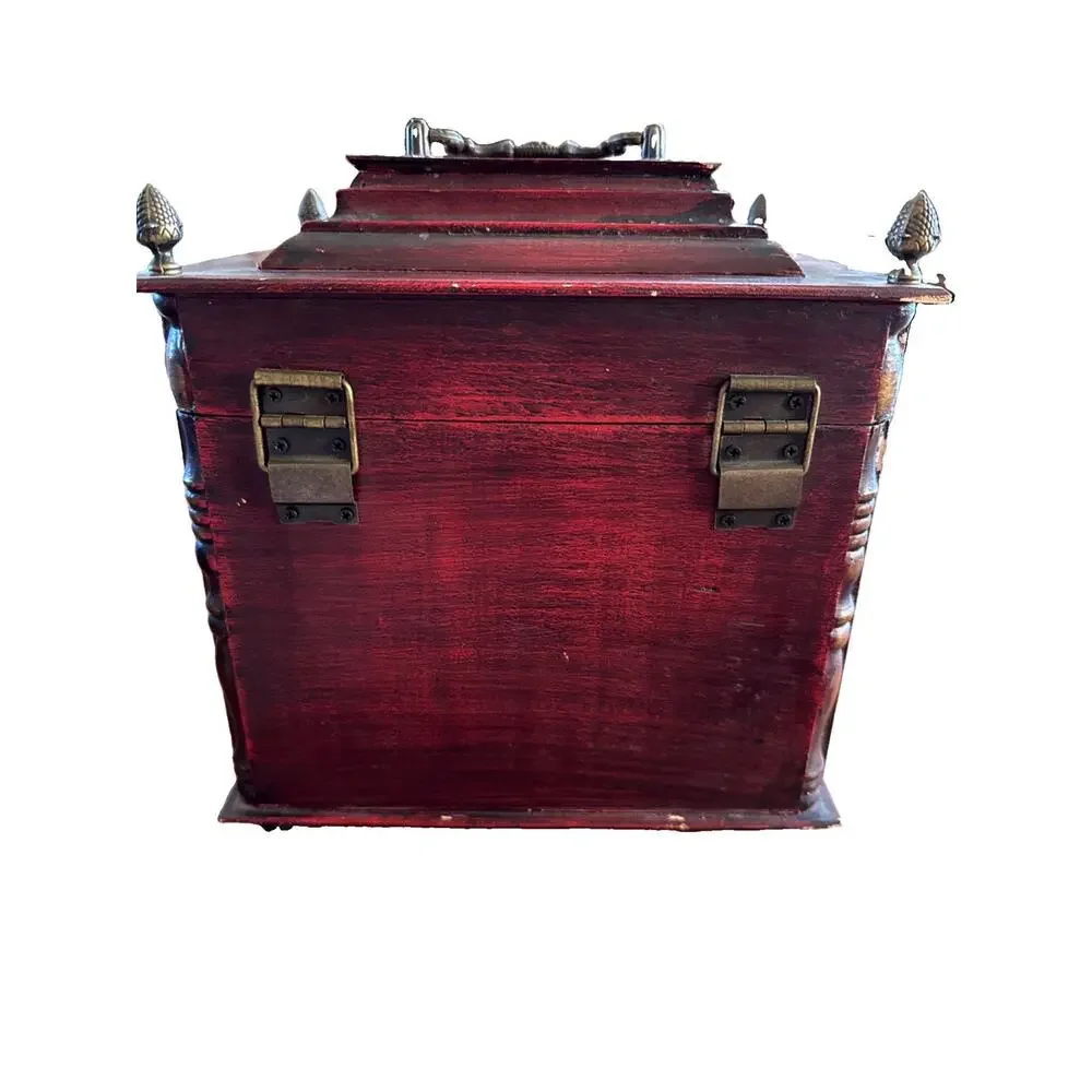 Vintage Red Wooden Keepsake Box Brass Handle Acorn Finials Lined 9in X 9in X 7in